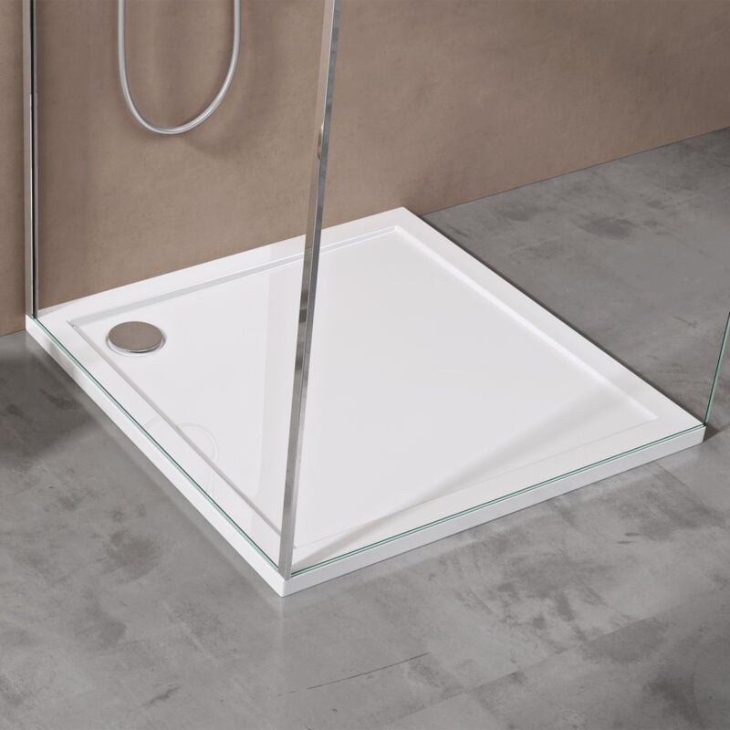 Receveur de Douche Antiglisse Bac à Douche Carré Extraplat Acrylique Blanc Faro01 80x80x4cm + Bonde AL01 - Doporro
