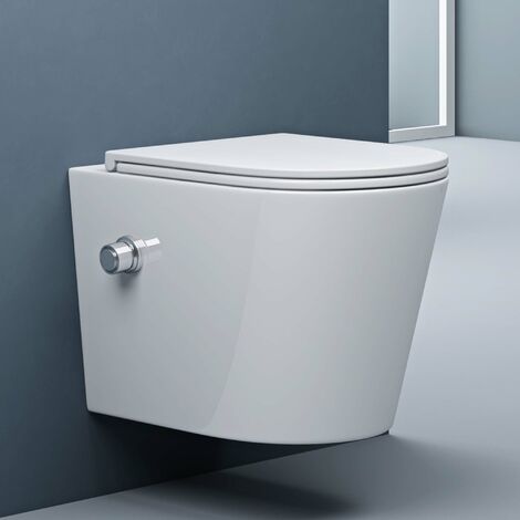Sogood WC Suspendu Blanc Cuvette Céramique Toilette avec Fonction de Bidet Abattant Silencieux avec Frein de Chute Aix601 - Blanc