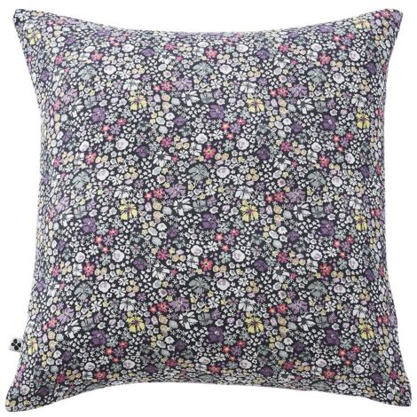 SOIZIC - Taie d'Oreiller 60x60cm Gaze de Coton Imprimé Bleu-Violet Imprimé Fleurs