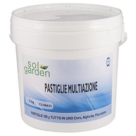 SOLGARDEN Sol Garden 5 kg Multifuzione pastiglie cloro 200 gr multiazione polifunzione tricloro 90% dissoluzione lento dissolvimento trattamento acqua piscina