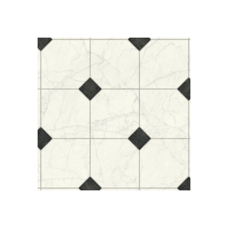 Sol Lino Silence - Aspect carrelage marbre blanc et cabochon noir - Rouleau de 1m x 11m