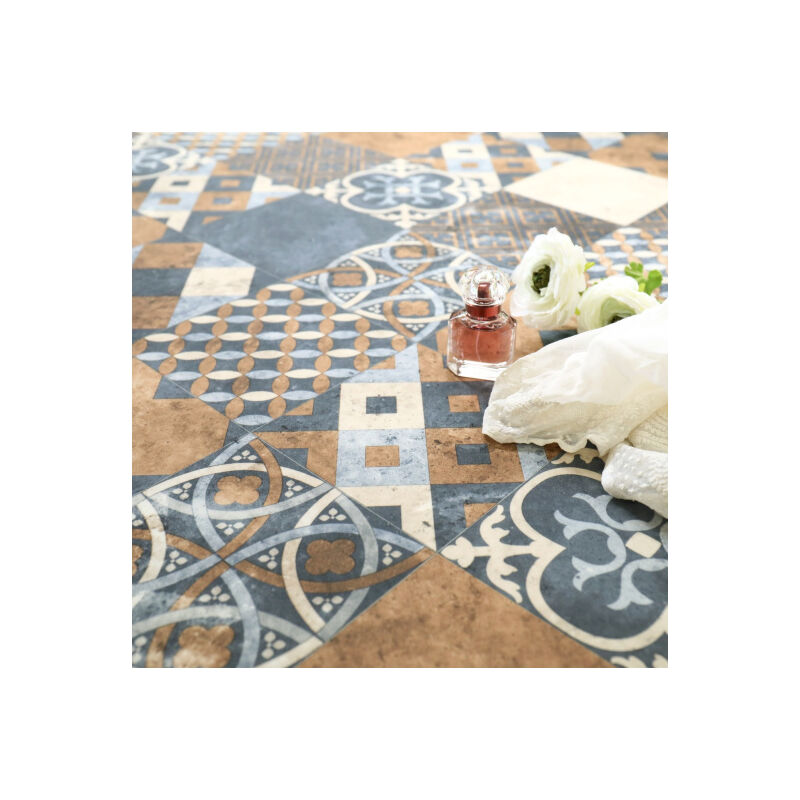 2 x 6m Carreaux Art D/éco Sol PVC Best Terre de Sienne et Bleu Gris