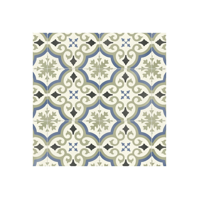Sol Vinyle First - Effet carreaux de ciment arabesques - Vert et bleu - Rouleau de 3m x 2m