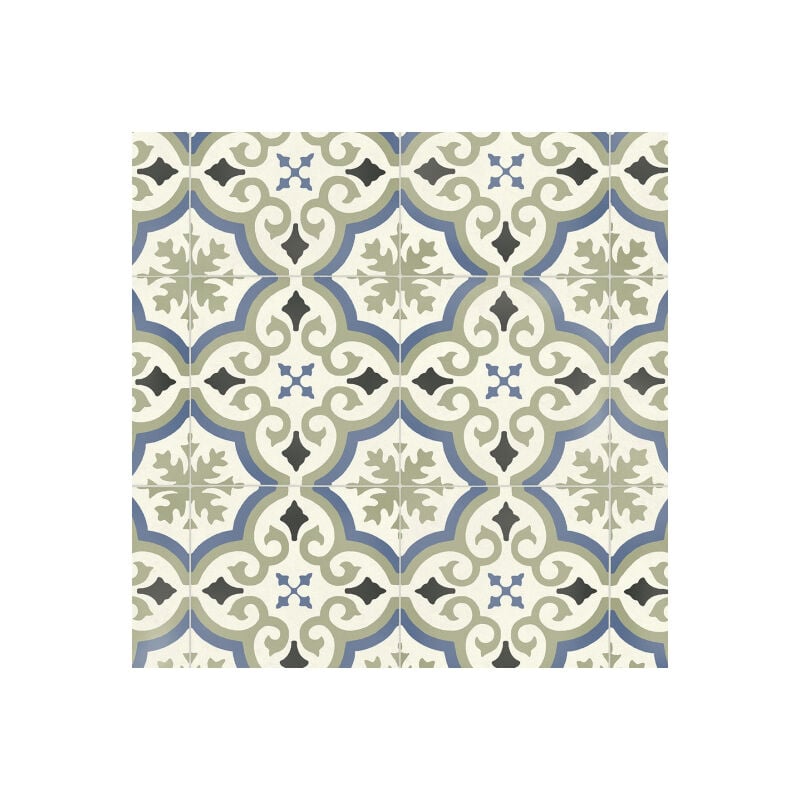 Sol Vinyle First - Effet carreaux de ciment arabesques - Vert et bleu - Rouleau de 3m x 7m