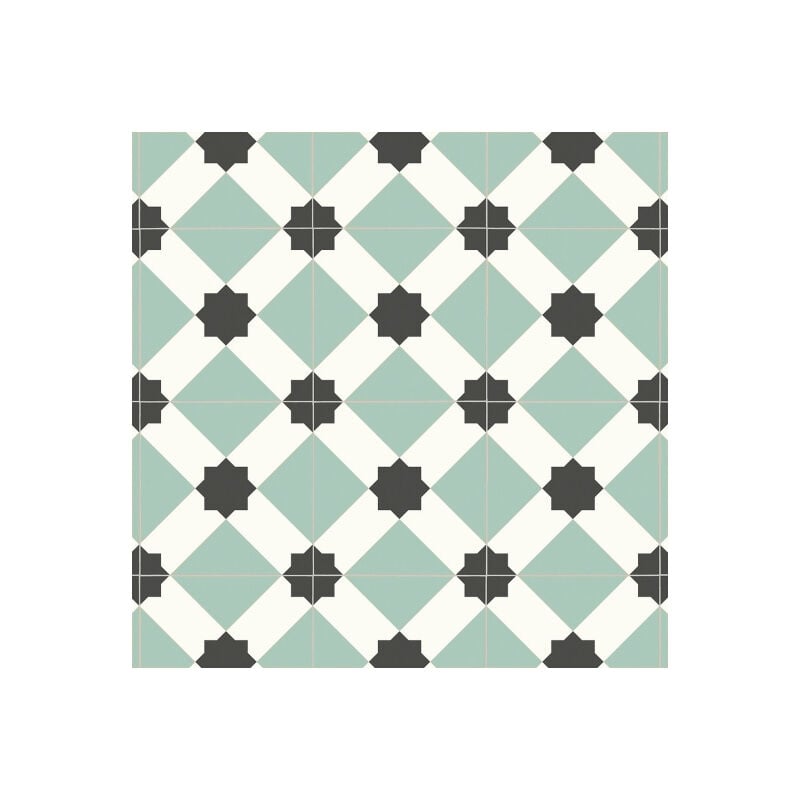 Sol Vinyle First - Effet carreaux de ciment géométrique - Vert d'eau - Rouleau de 3m x 9m