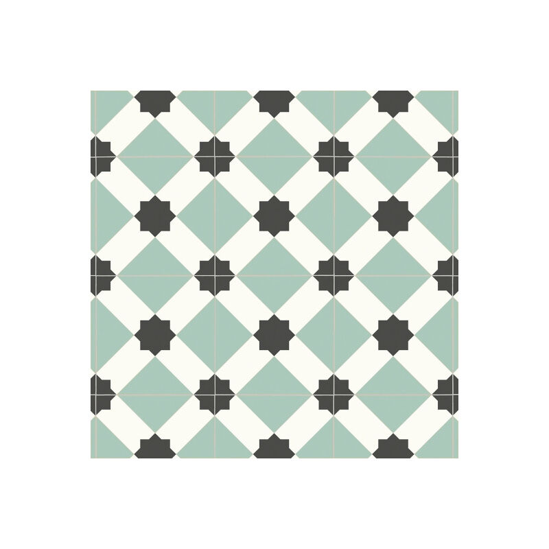 Sol Vinyle First - Effet carreaux de ciment géométrique - Vert d'eau - Rouleau de 2m x 6m