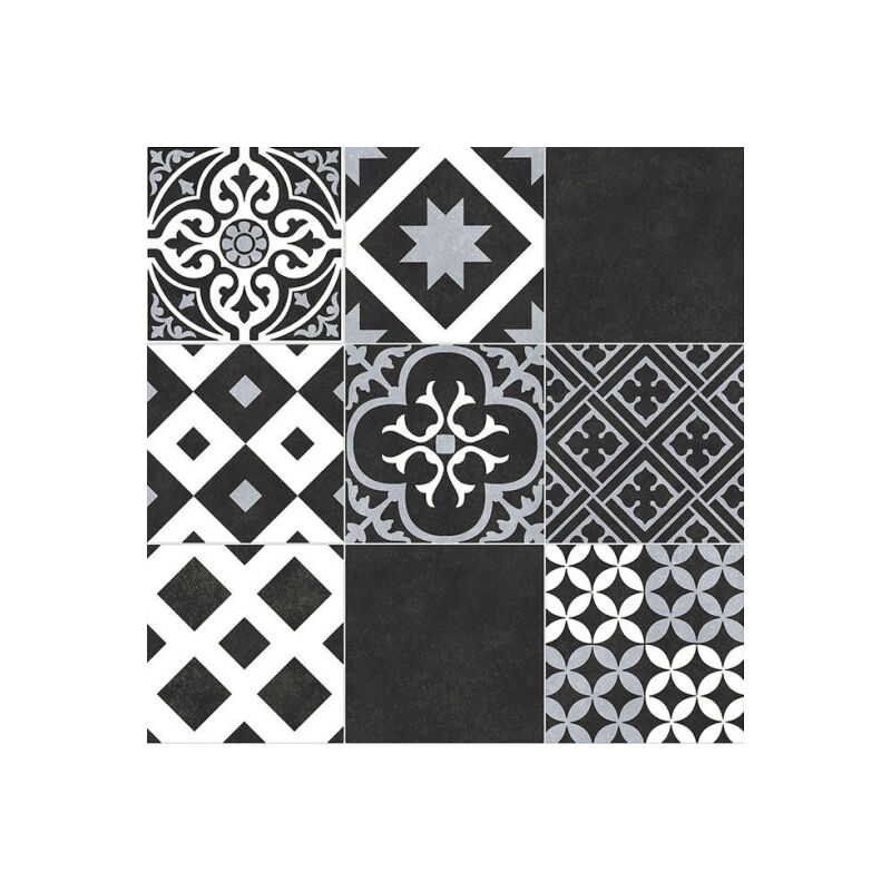 Sol Vinyle Link Plus - Carreaux de ciment noir et blanc - Surface brillante - Rouleau de 4m x 11m