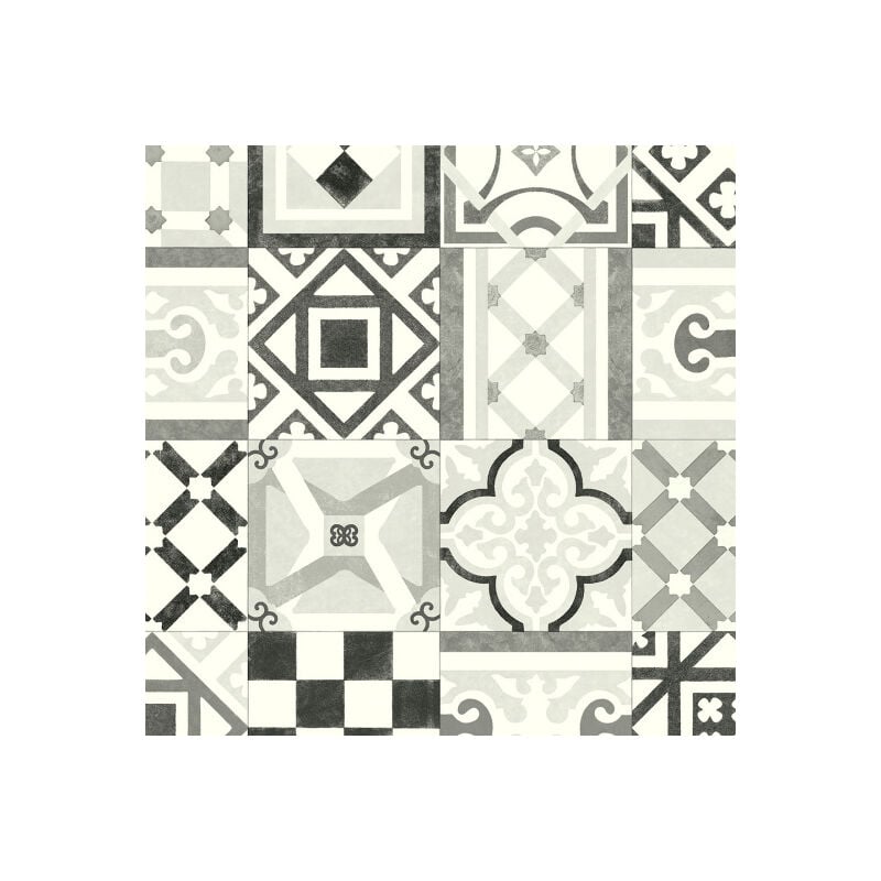 Sol Vinyle Style - Carreaux de ciment effet vieilli - Noir et blanc - Rouleau de 2m x 2m