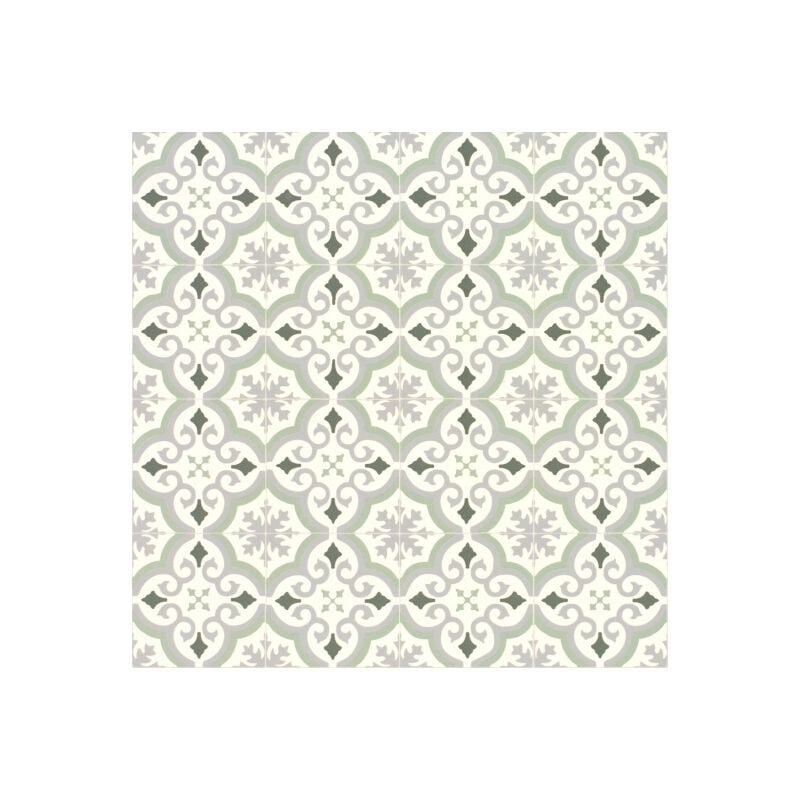 Sol Vinyle Textile économique - Effet carreaux de ciment arabesques - Vert et gris - Rouleau de 3m x 2m