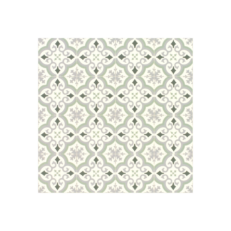 Sol Vinyle Textile économique - Effet carreaux de ciment arabesques - Vert et gris - Rouleau de 3m x 19m