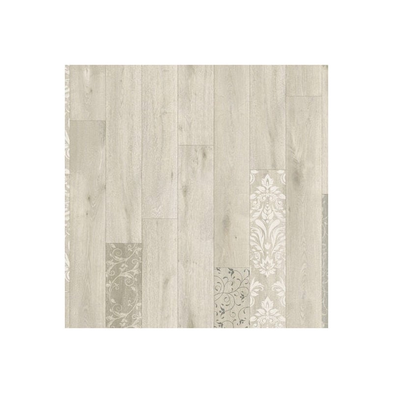 Sol Vinyle Textile - Relief 3D - Imprimé parquet clair effet pochoir volutes - Rouleau de 2m x 2m