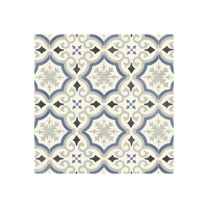 Sol Vinyle Textile Rénove - Effet carreaux de ciment arabesques - Bleu et gris - Rouleau de 3m x 3m