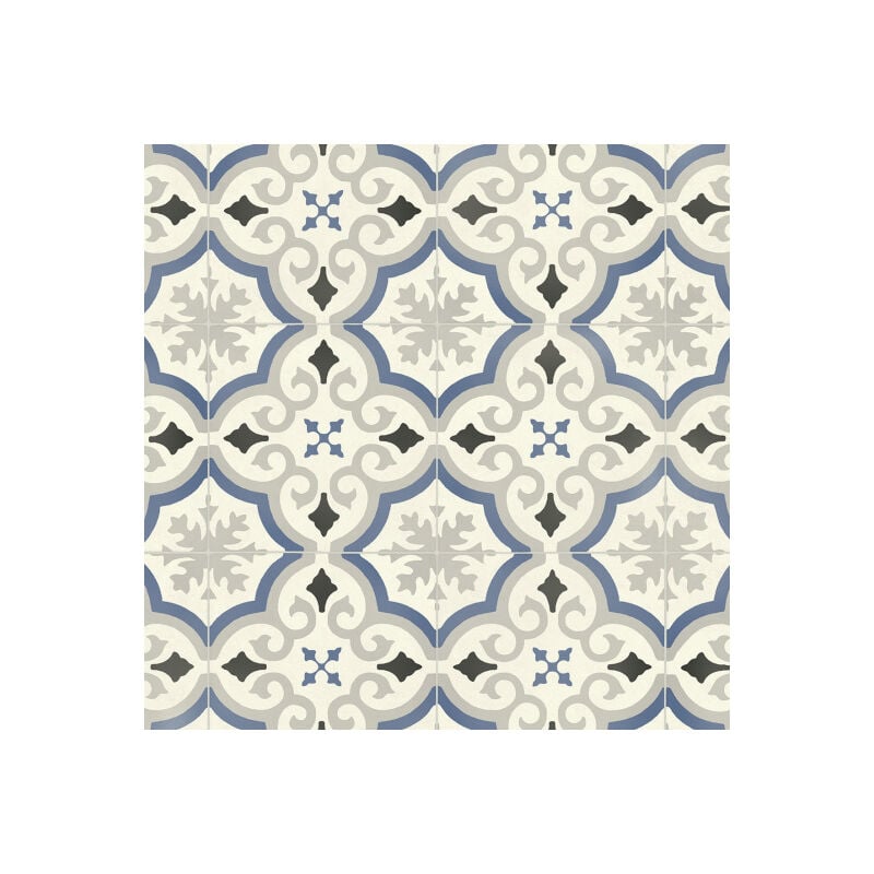 Sol Vinyle Textile Rénove - Effet carreaux de ciment arabesques - Bleu et gris - Rouleau de 2m x 4m
