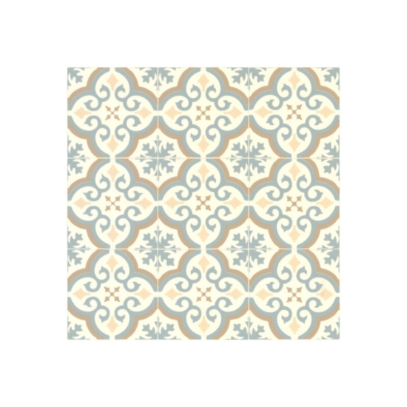 Sol Vinyle Inspiration - Effet carreaux de ciment arabesques - Bleu et ocre - Rouleau de 2m x 3m