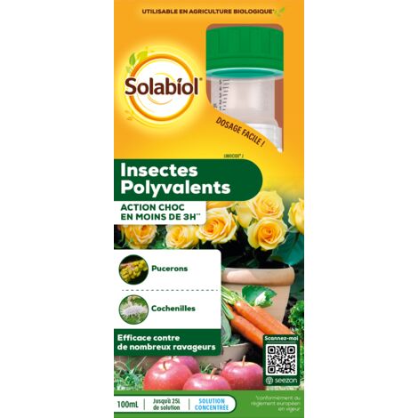 SOLABIOL Anti Insectes Polyvalents - Action Rapide - Effets Visibles En 3h - 100ml - Pucerons Cochenilles Aleurodes - Utilisable En Agriculture Biologique SOLIPOLY100N