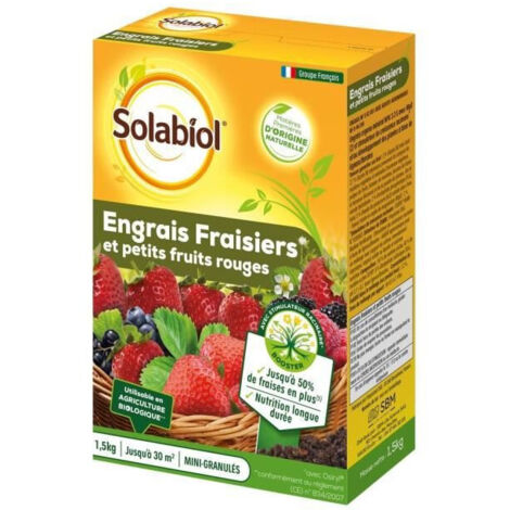 SOLABIOL Engrais Fraisiers & Petits Fruits - 1,5kg - Jusqu'à 30m² - Stimulateur De Croissance - Nutrition Longue Durée - Jusqu'à 50% De Fraises En Plus - Utilisable En Agriculture Biologique SOFRAY15