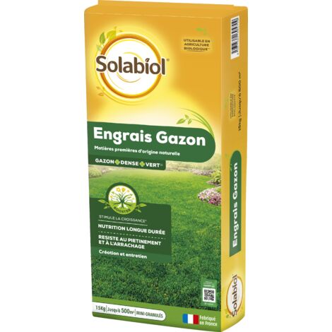 SOLABIOL Engrais Gazon Longue Durée - Sac 15 Kg - Jusqu'à 500m² - Utilisable En Création & En Entretien De Gazon - Résiste Au Piétinement - Gazon Plus Dense & Plus Vert SOGAZY15