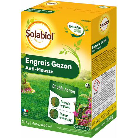 SOLABIOL Engrais Gazon - Sac 3,2 Kg - Jusqu'à 80m² - Double Action Reverdit Le Gazon & Élimine La Mousse - Formulation En Granulés Limite La Poussière & Facilite L'Application SOGAZMOU80N