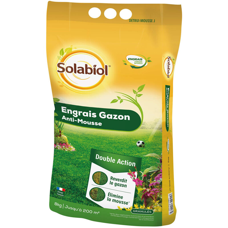 Engrais Gazon Anti-Mousse Solabiol Sac 8 kg 200 m²