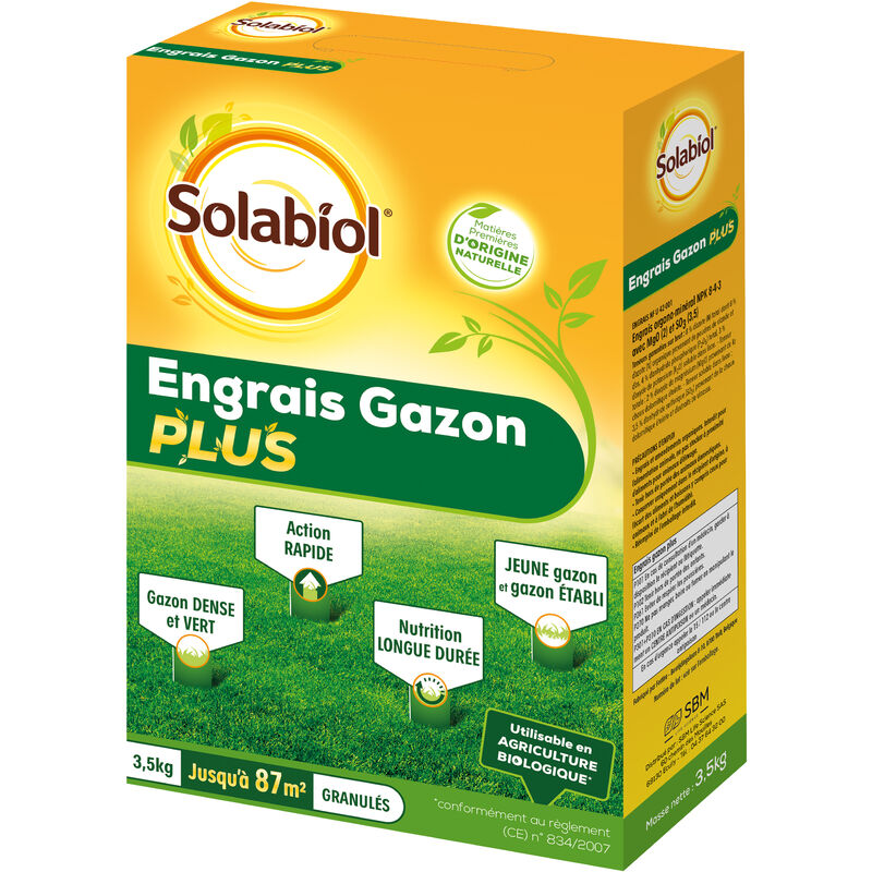 SOLABIOL SOGAZPLUS35 Engrais Gazon Plus Etui 3,5kg Nutrition longue durée Gazon dense et vert Action rapide