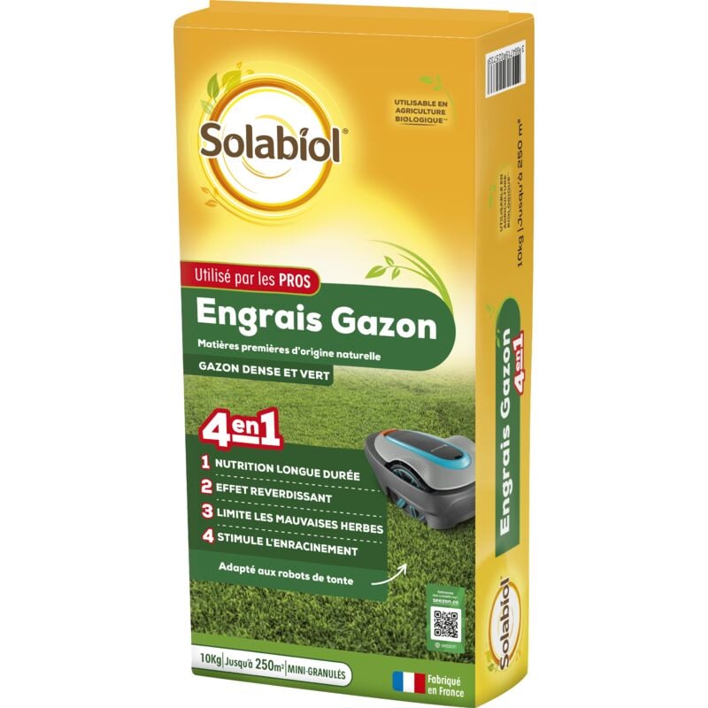 SOLABIOL Engrais Gazon Longue Durée - Sac 10 Kg - Jusqu'à 330m² - Utilisable En Création & En Entretien De Gazon - Résiste Au Piétinement - Gazon