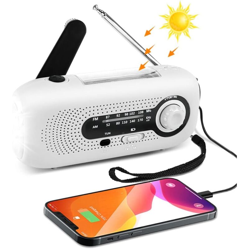 Solaire à manivelle Radio d'urgence portable rechargeable 2000 mAh, lampe de poche LED, dynamo à manivelle pour camping, survie, voyage, urgence