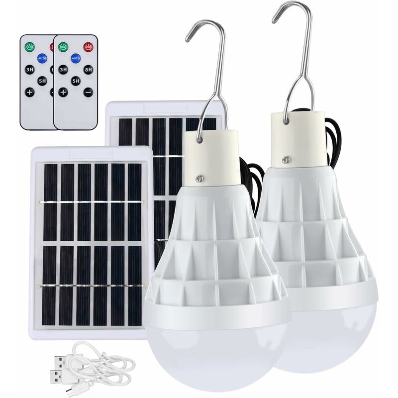Image of 2 set di lampadine a led a energia solare con telecomando + cavo da 3 m, luci a sospensione a led solari 12W 130lumen ricaricabili per tenda da