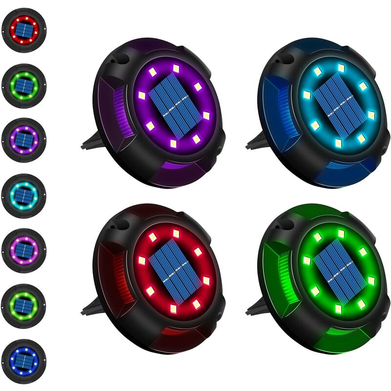 Solaire Extérieur 12 led 7 Couleurs Lampe Solaire Jardin Spot Encastrable avec Grand Panneau Solaire Étanche IP65 Lampe Solaire au sol (4PCS)