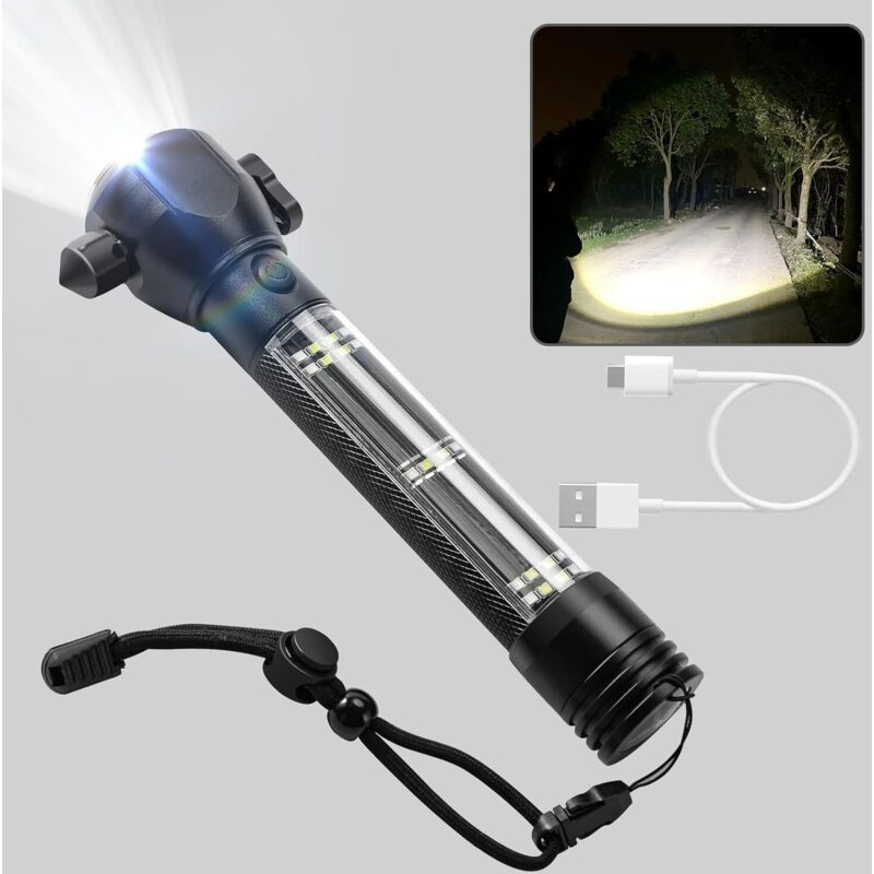 FITAGS Solaire Lampe Torche LED Ultra Puissante Rechargeable 10000 Lumens Lampe de Poche avec Aimant Marteau Couteau Boussole Alarme 7 Modes Zoomable
