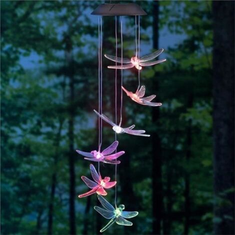 Solaire Mobile LED Lumière Changeante Carillon à Vent Libellule Pendentif Cloches Éoliennes pour Jardin