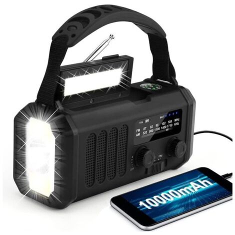 Solaire Portable 10000mAh, Radio d'urgence à manivelle,Radio AM/FM à Dynamo Rechargeable,IPX3,Alarme SOS, Lampe de Poche LED&Boussole pour Le campng Ourdoor,Urgence-Noir