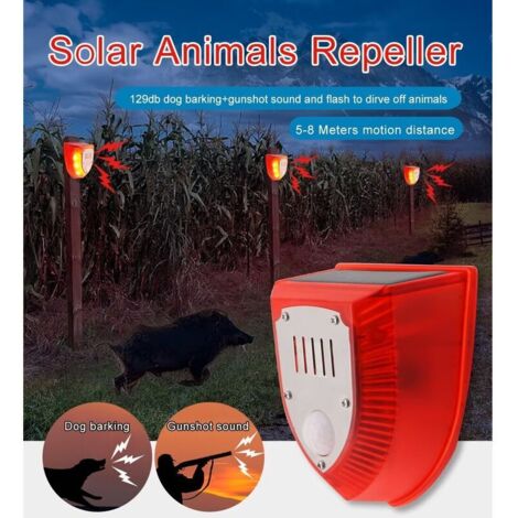 Solaire Son Alarme Lumière Imperméable 129dB Système d'alarme factice avec lumière clignotante, des sons de coups de feu et des effets sonores d'aboiements de chien (Rouge)
