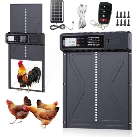Solar Automatic Chicken Coop Door, Battery Operated with Waterproof Programmable LCD Screen, Aluminum Automatic Chicken Coop Door with Timer, Automatic Chicken Coop Door, Vertical Door Opener (Black)