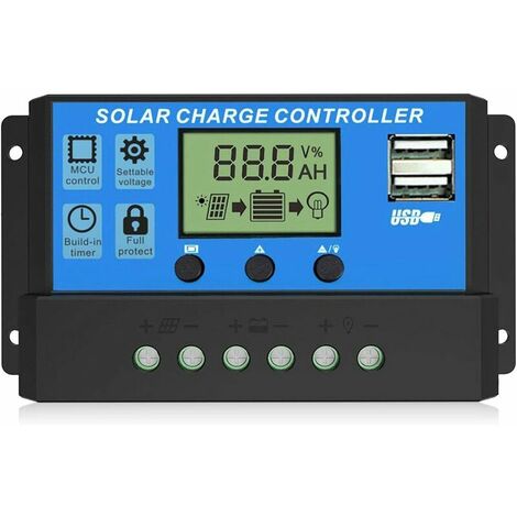 Solar Charge Controller, Dual USB Port Solar Panel Battery Intelligent Regulator, Multifunction Adjustable LCD Display Street Light Controller, 12V24V 30A
