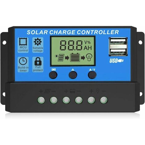 Solar Charge Controller, Dual USB Ports Intelligent Solar Panel Battery Regulator, Multi-Function Adjustable LCD Display Street Light Controller, 12V24V 30A