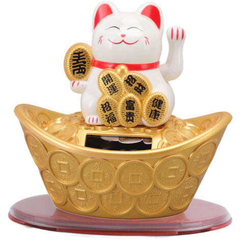 Solar Energy Lucky Cat Ornament Solar Wealth Welcome Waving Hand Fortune Cat Statue for Home Car Dashboard Decor MLY23029 Chinese Character White