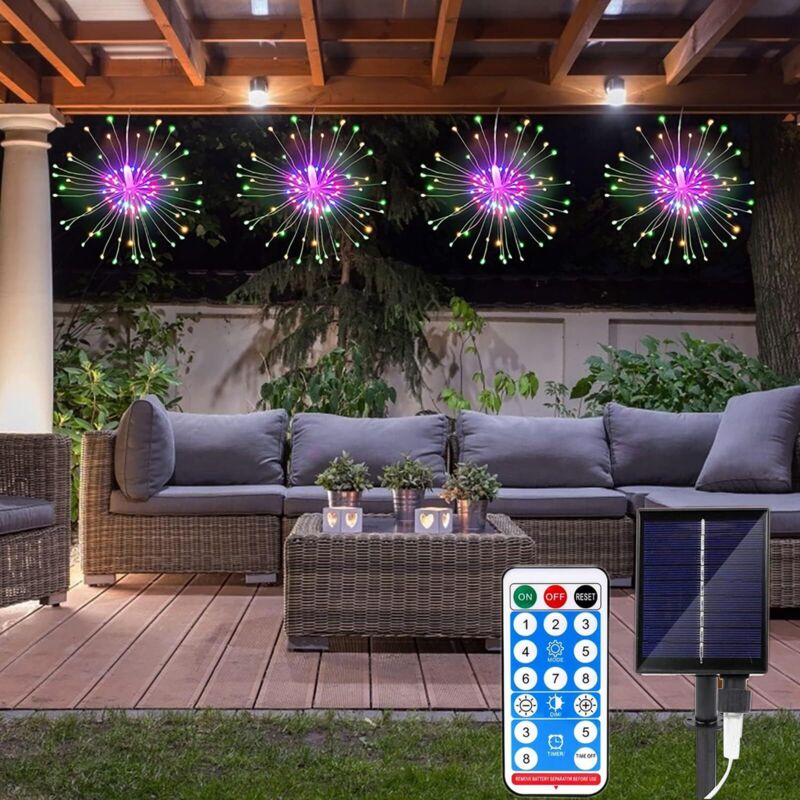 [JAMAIS UTILISÉ] Solar Fireworks 4 Pack 360 LED Waterproof Copper Wire Hanging Decoration 8 Lighting Modes with Remote Control for Garden, Party,