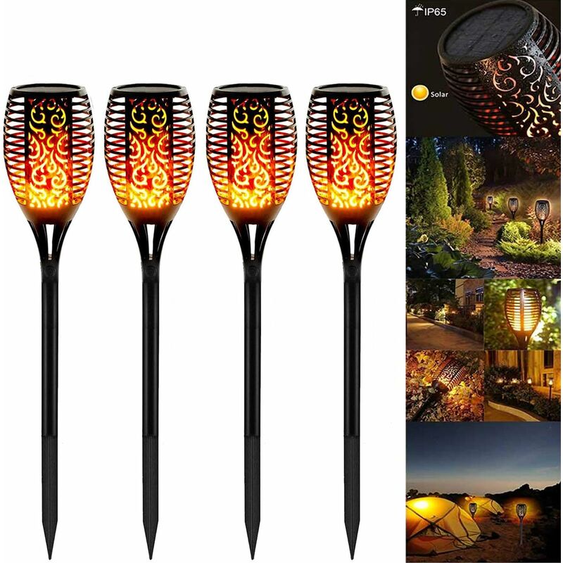 Solar Flame Light, Pack of 4 Solar Garden Lights, IP65 Waterproof Solar Lamp, Garden Torches with Realistic Flames, Automatic On/Off, Outdoor, Warm
