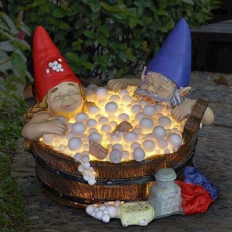 Solar Garden Ornaments Solar Powered Garden Gnome Statue Funny Gnome Couple Bubble Bath Garden Ornament with Solar Light Outdoor Decoration