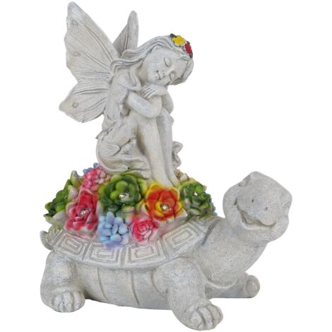 Solar-Gartenleuchten – Fee mit Solarlaterne – Gartenfiguren zur Außendekoration – Engelsmädchen – Schildkrötenstatue – Außendekoration – Harz – Dekoratives Ornament