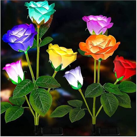 Solar-Gartenleuchten für den Außenbereich, 2-teiliges Solar-Gartenleuchten-Set mit 8 großen rosa Solarblumen, mehrfarbige LED-Gartenleuchten