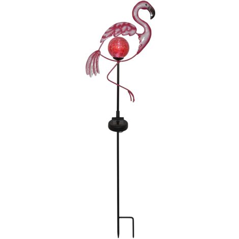 Solar-Gartenspieß ,Flamingo' in Pink, Leuchtkugel aus Bruchglas, Dämmerungssensor, H 80cm