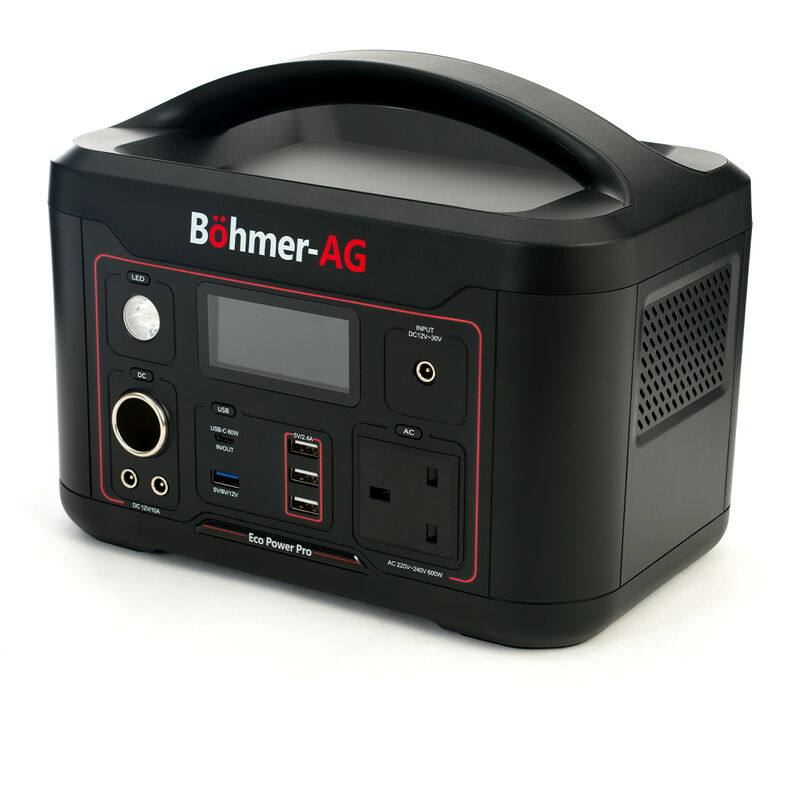 Solar Generator Bohmer-AG EcoPower Pro Portable Pure Sine Wave 220-240V 600W Power Station 174000mAh/626.4Wh Battery, usb PD60W Fast Charge for