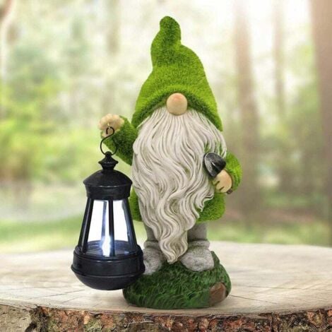 Solar Gnome Figurine Garden Statue with Solar Lantern - Outdoor Lawn Decor Flocked Garden Gnome Statue for Patio, Balcony, Yard, Lawn Ornament - Housewarming Gift