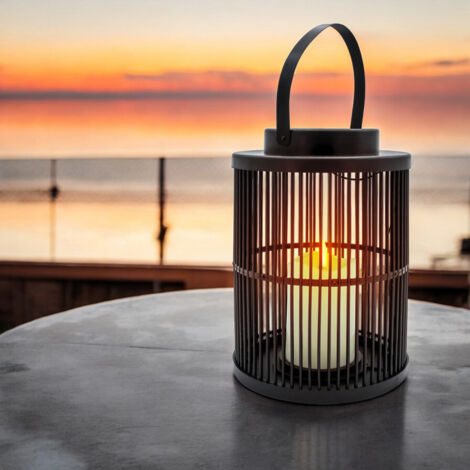 Solar Laterne rund mit Flammeneffekt LED Kerze - 23 cm - Gitter Design Gartenleuchte schwarz