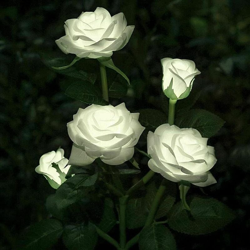 Solar led Lights Artificial Rose Flower Outdoor Garden Yard Patio Grave Cemetery Balcony Christmas Decoration - White