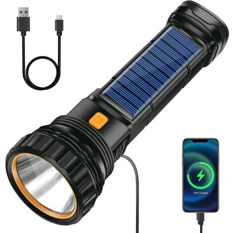Solar-LED-Taschenlampe mit 3 Modi, 1200-mAh-Akku, USB-Ladegerät, wasserdicht (IP44) – ideal für Camping