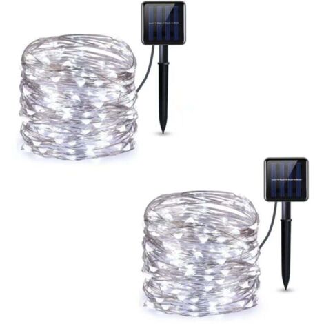 Solar-Lichterkette, 12 m, 100 LEDs, Solar-Lichterkette für den Außenbereich, 8 Modi, wasserdichter Kupferdraht für Schlafzimmer, Garten, Terrasse, Party, Weihnachtsdekoration (kaltweiß, 2er-Pack)