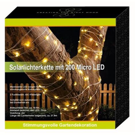 Solar-Lichterkette 200 Micro-LEDs 21,9m Warmweiß Gartenbeleuchtung Terrassendeko