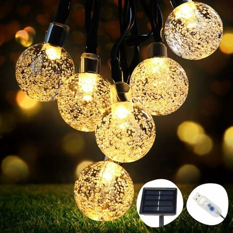 Solar Lichterketten, Lichterketten 50 LED Kristallkugeln IP65 Wasserdicht, zusätzlicher USB-Anschluss, 8 Modi dekorative Lichter innen und außen, Haus / Garten / Party / Terrasse / Party / Hochzeit